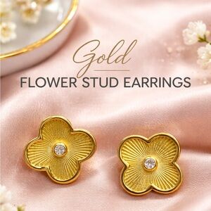 Gold Plated Sterling Silver Vintage Clover Stud Earrings CZ